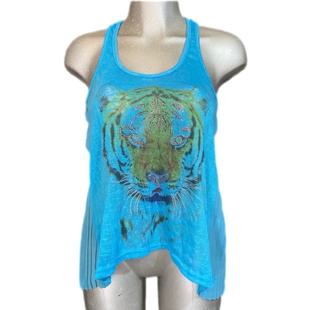 Tumblr Tank Top Sz Small Beaded Tiger Graphic Cami Pleated Mobwife Flowy Safari
